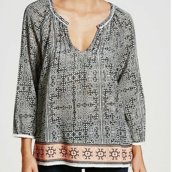 Joie top, all cotton, size Medium V Neck, long full sleeves. Cross stitch border - Picture 1 of 9